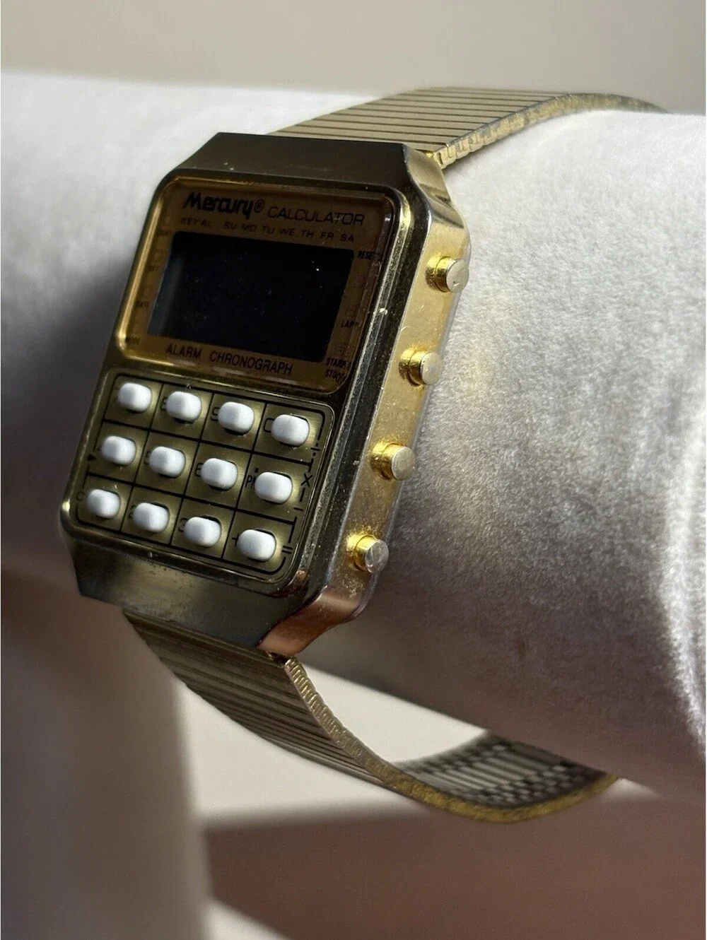 Vintage Mercury Calculator Watch Chronograph GoldTone 1980s Retro Rare Runs 32mm